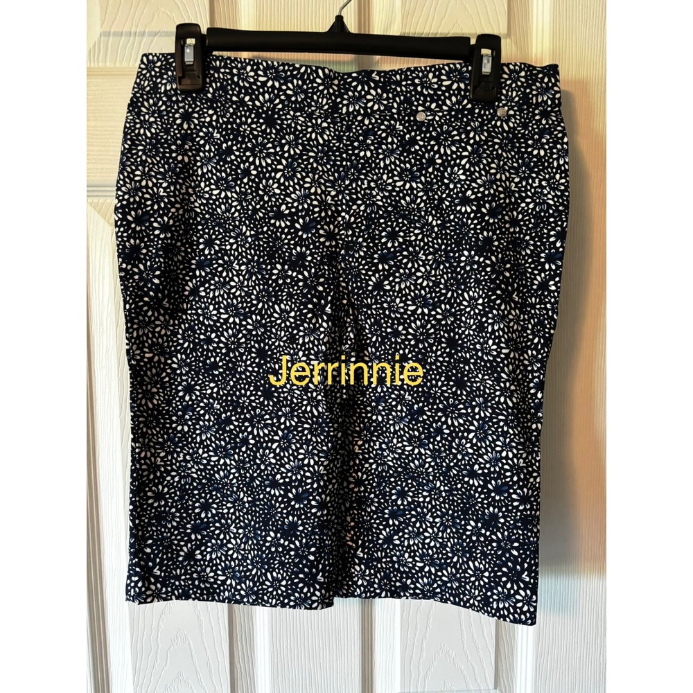 Rafaella Womens Navy White Floral‎ Sunburst Pull On Shorts Size 10 Stretch Knee